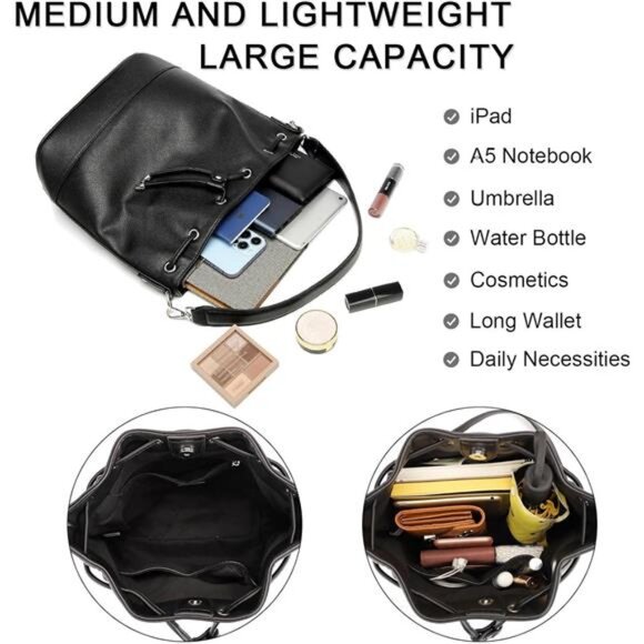 Vegan Leather Bucket Bags and Drawstring Black - Picture 5 of 6